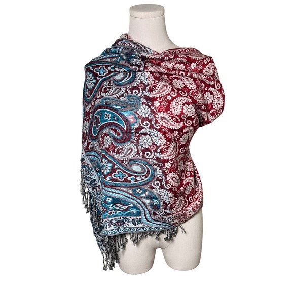 Jerusalem Pashmina Shawl Scarf Red Blue Paisley Boho Wrap Fringe 100% Acrylic - Picture 1 of 8